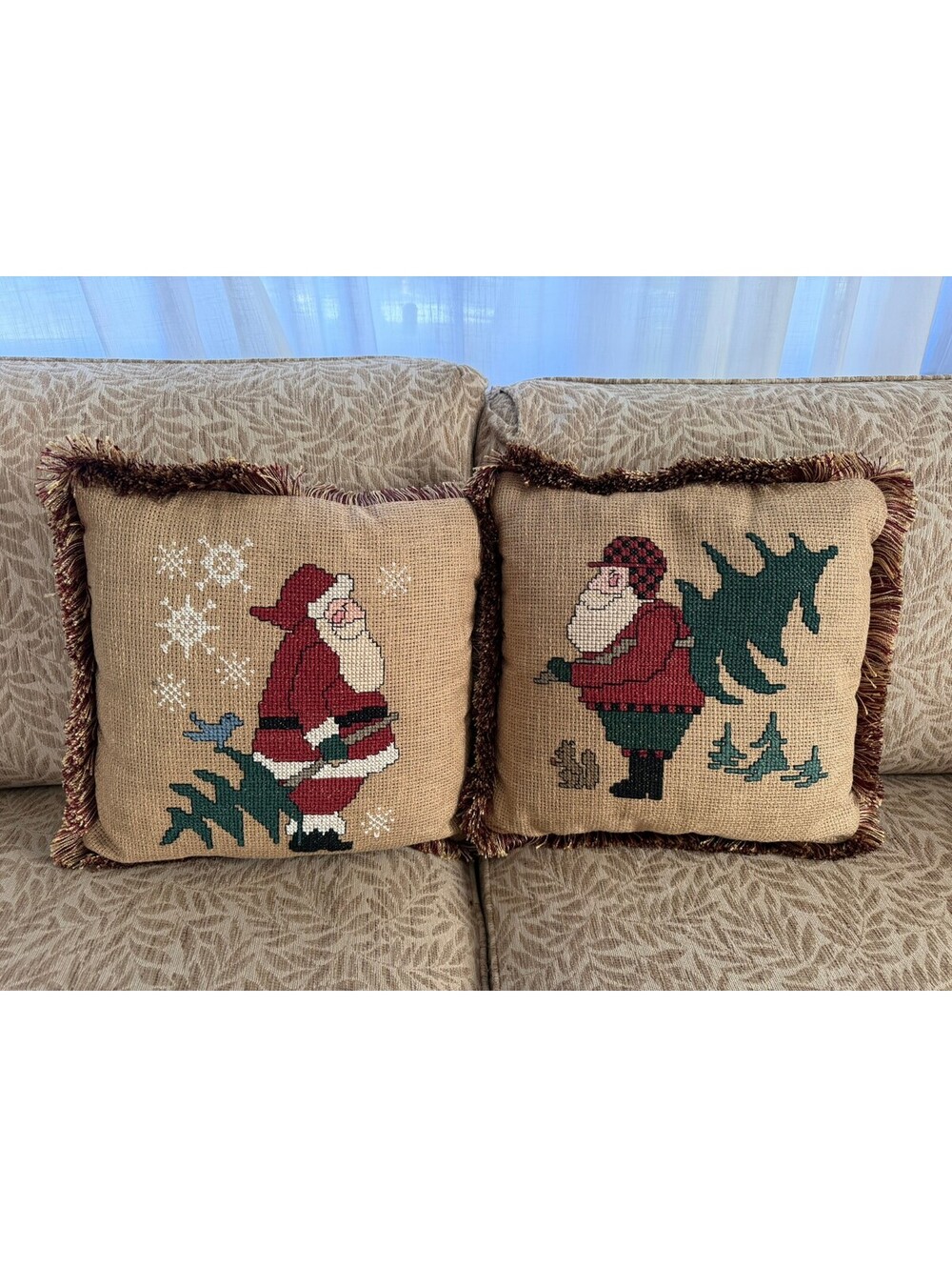 Vintage Cross Stitch Santa Christmas Throw Pillows Set of 2 Fringe Trim